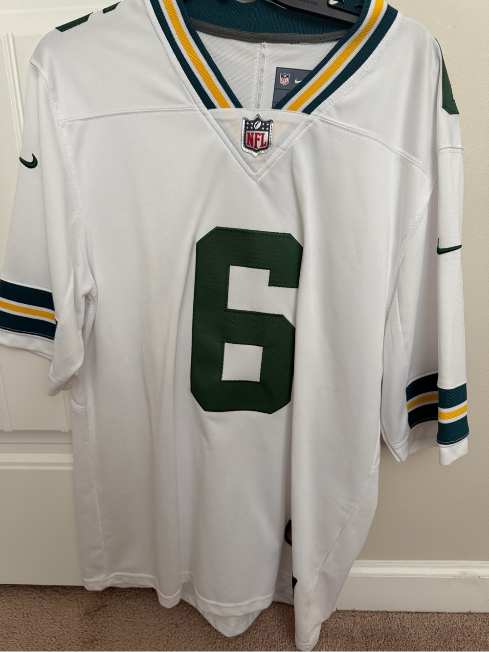 Nike White Green Number 6 NFL Jersey with Gold & Navy Trim